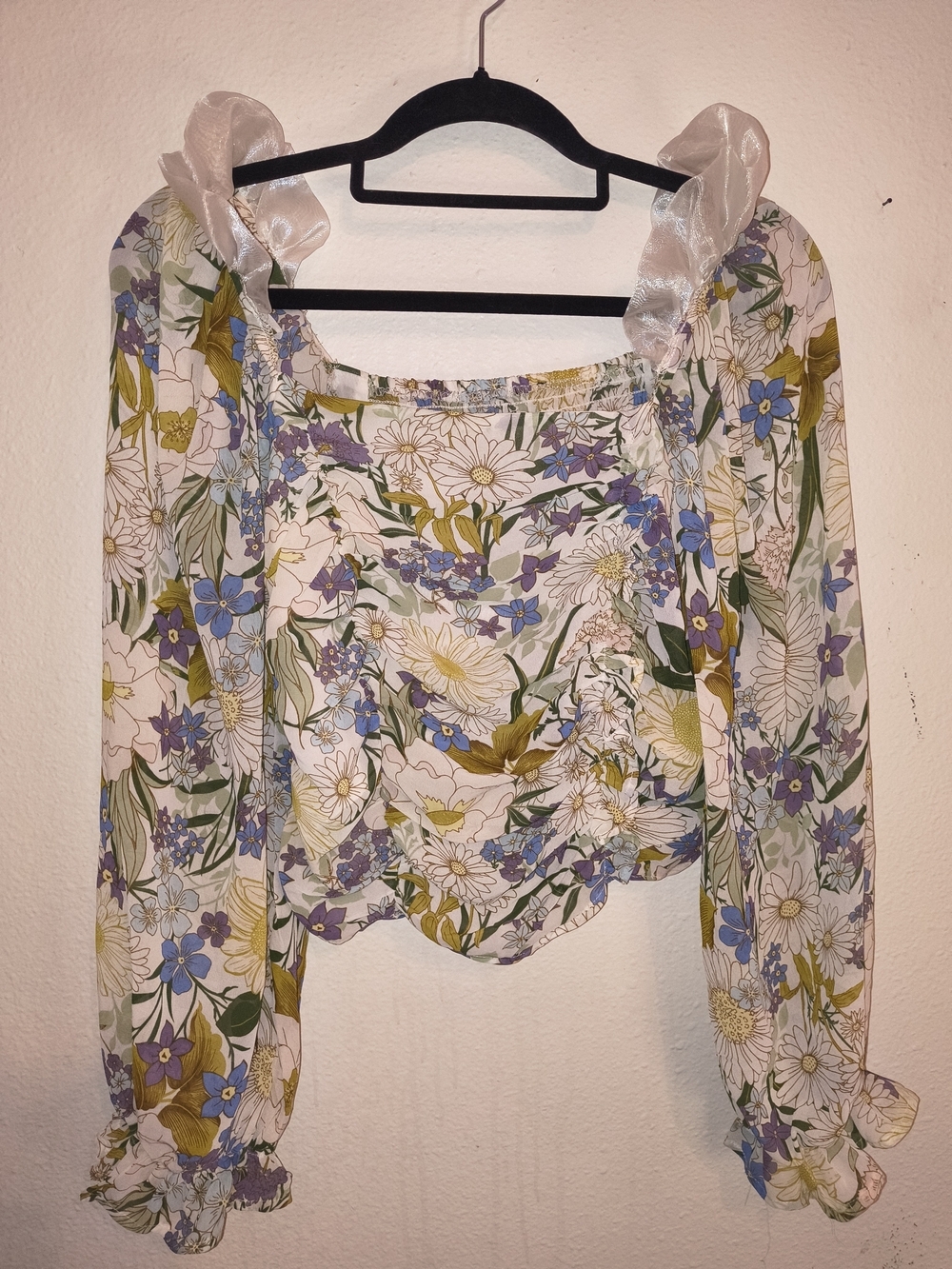 Cottagecore Floral Smocked Crop Top Long Puff Sleeve Coquette Peasant Blouse